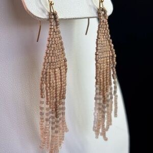 NWT 18KT Gold Plated Beaded Tassel Earrings in Tan